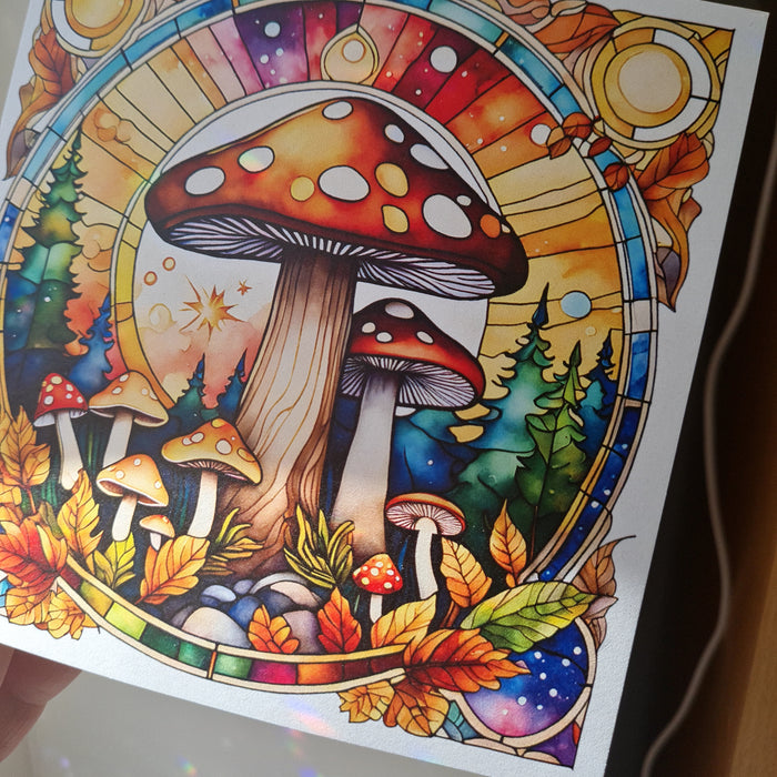 Autumn Stained Glass Window Mushroom Forest Greeting Card