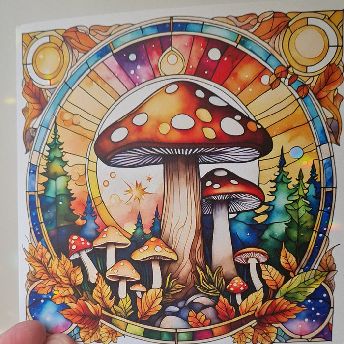 Autumn Stained Glass Window Mushroom Forest Greeting Card