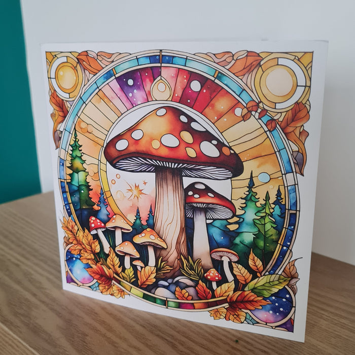 Autumn Stained Glass Window Mushroom Forest Greeting Card