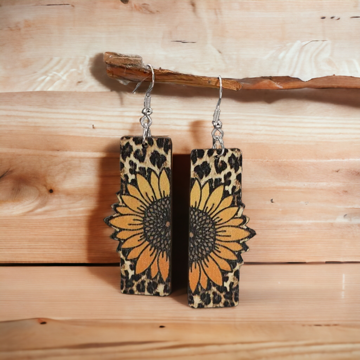 Wooden Sunflower Earrings with Leopard Print Background
