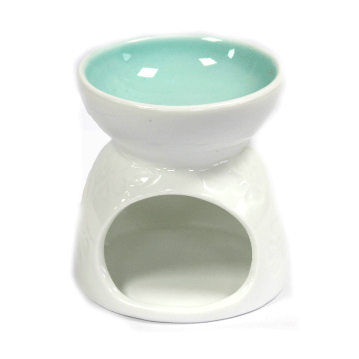 Classic White Ceramic Oil Burner - Floral with Teal Well