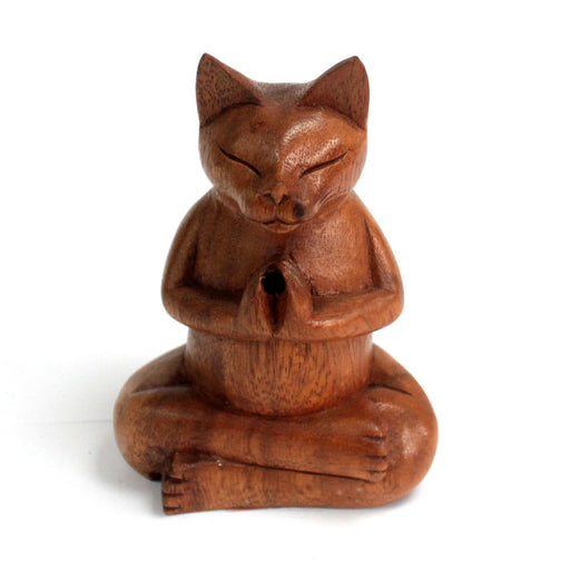 Wooden Carved Incense Burners - Yoga Cat - Medium 