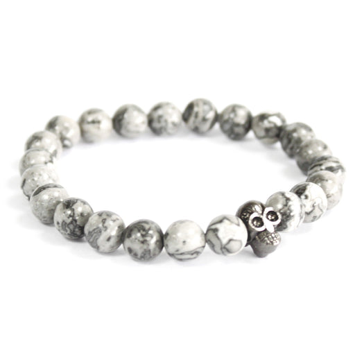 Pewter Skull / Grey Agate - Gemstone Bracelet x 3