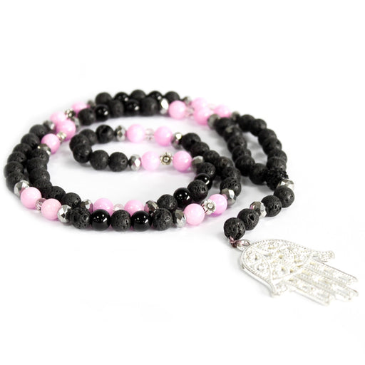 Hamsa Hand / Pink & Black - Gemstone Necklace