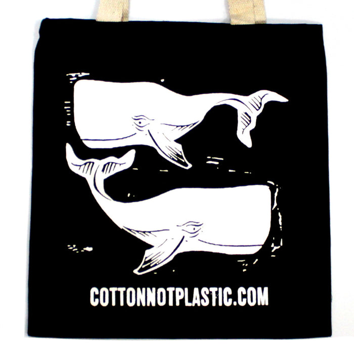 Large Black 8oz Cotton Bag 38x42cm - WHALES - WHITE