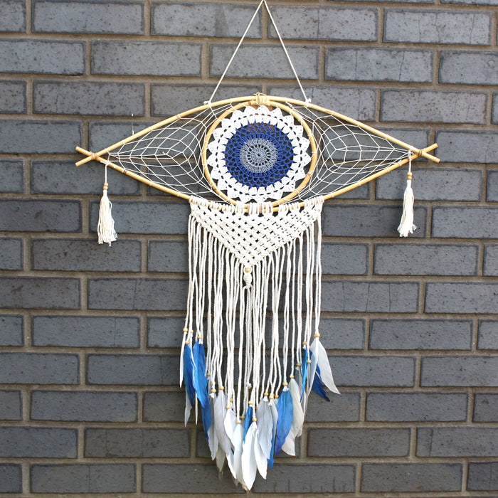 Protection Dreamcatcher - Large Macrame Evil Eye White/ Blue/Grey