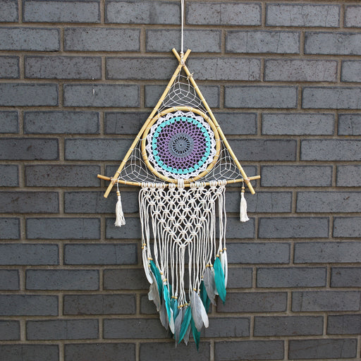 Protection Dreamcatcher - Large Macrame Pyramid White/Turquoise