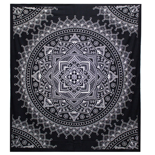 B&W Double Cotton Bedspread & Wall Hanging - Lotus Flower