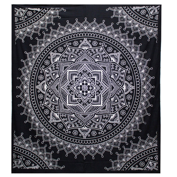 B&W Double Cotton Bedspread & Wall Hanging - Lotus Flower