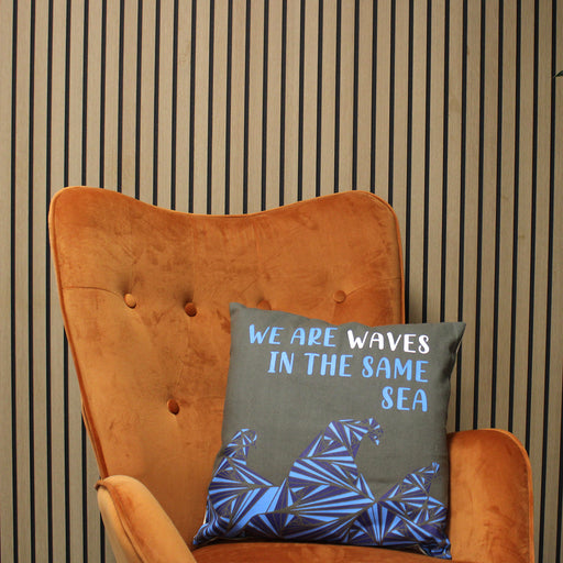 Printed Cotton Cushion Cover - We are Waves - Grey, Blue and Natural x 3